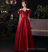 Burgundy satin long prom dress evening dress
